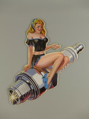 cooles US Schild Pin Up Zündkerze Spark "shaped" ca. 48 x 37 cm Garage Hot rod