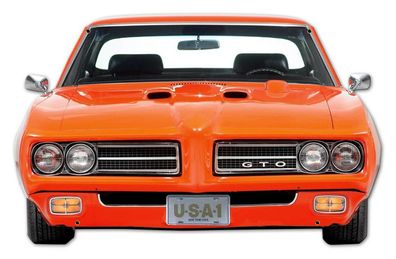 XXL US Stahl Schild ca. 68 x 43 cm Front Pontiac GTO Judge 1969 orange Kontur