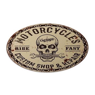 XL Blechschild oval Motorcycles Custom Shop & repair 33 x 56 cm Ride fast Skull