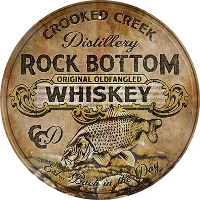 USA US Blechschild Rock Bottom Whiskey Durchmesser ca. 29 cm Crooked Creek