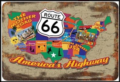 US Blechschild Route 66 - Americas Highway ca. 20x30 cm (Gr. 20x30 cm)