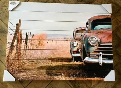 XXL Holzbild Oldtimer in the Desert - Schrottplatz Chevy Buick ! 80x60 cm