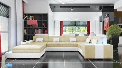 Wohnlandschaft mit Beleuchtung U Form NEW Stoff Leder Sofa Couch Textil Ecksofa