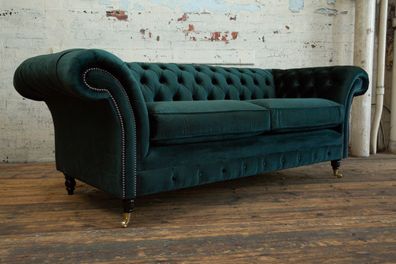 Chesterfield Sofa 3 Sitzer Polster Designer Couchen Sofas Garnitur Grün Samt
