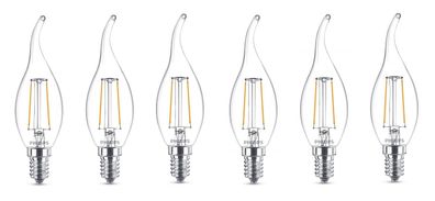 6x Philips LED Windstoß-Kerze E14 2W = 25W warmweiß Filament EEK: (Spektrum A-G)