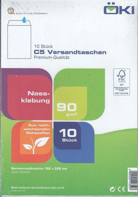 Kuvert C5 weiß, ohne Fenster, Nassklebung (VPE=10STK)