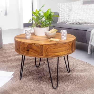 Wohnling Couchtisch Massivholz 60 cm Wohnzimmertisch Rund Sofatisch Schublade