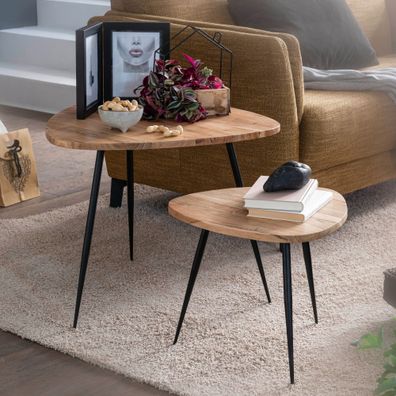 Wohnling Satztisch Massiv 2er Set Beistelltisch Tisch Holz Metall Couchtisch