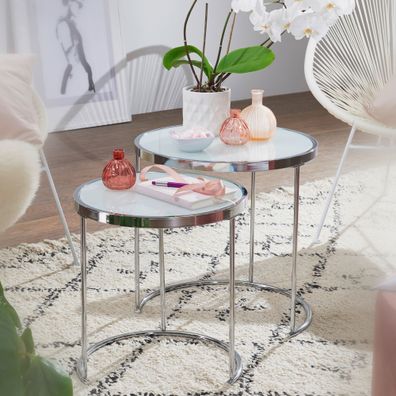 Wohnling Beistelltisch 2tlg Rund Wohnzimmertisch Weiß Glas Couchtisch Silber