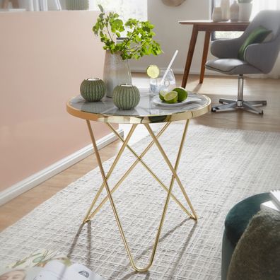 Wohnling Design Beistelltisch Marmor Optik Weiß Ø 55 cm Gold Couchtisch Rund
