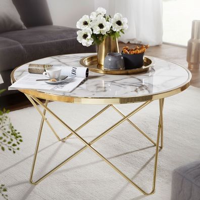 Wohnling Design Couchtisch Marmor Optik Weiß Ø 85 cm Gold Wohnzimmertisch Rund