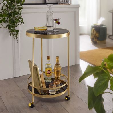 Wohnling Servierwagen Gold Beistelltisch auf Rollen Glas Speisewagen Rund Ø45 cm