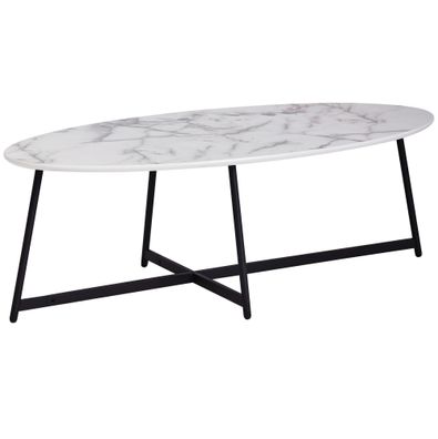 Wohnling Couchtisch Oval Wohnzimmertisch Marmor Optik Weiß Beistelltisch Metall