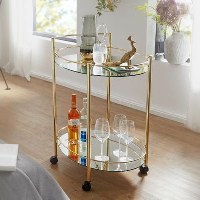Wohnling Servierwagen Gold Beistelltisch auf Rollen Glas Speisewagen Teewagen