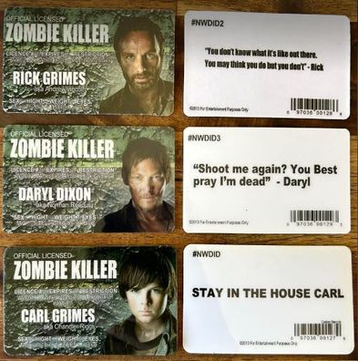 Walking Dead Zombie Killer License Rick Grimes Daryl Dixon Carl Grimes ID Card