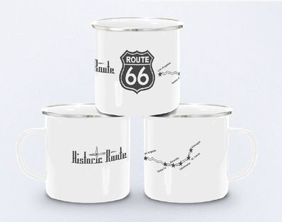 Emaille Becher Tasse Historic Route US 66 Kaffee Outdoor Camping schwarz/weiss