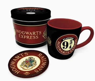 Harry Potter Set Gleis 9 3/4 Hogwarts Express Tasse mit Untersetzer + Dose