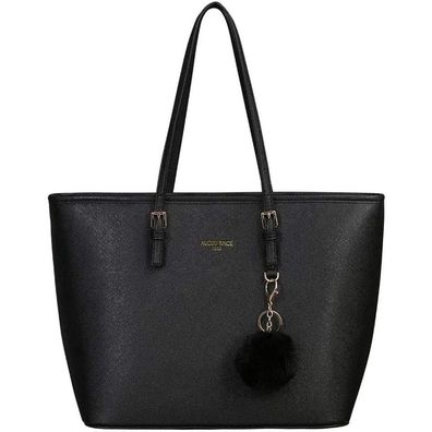 Schwarze Damen Handtasche: Große Schultertasche mit Plésch-Anhänger