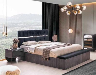 Schlafzimmer-Set 3tlg Grau Einfabig Dopplebett Nachttische Modern Design Stil