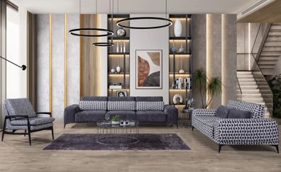 Graues Wohnzimmer Sitzgarnitur Exklusiver Dreisitzer Einsitzer 3tlg 4 + 3 + 1