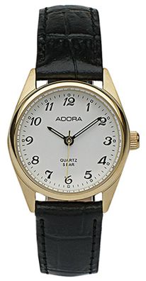 Adora | Analoge Damenuhr Edelstahl goldfarben Lederband schwarz 35095