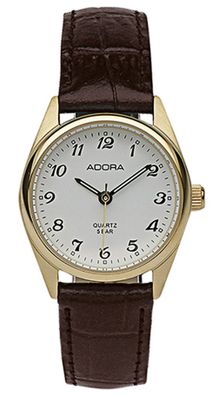 Adora | Analoge Damenuhr Edelstahl goldfarben Lederband braun