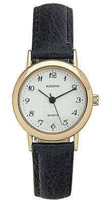 Adora | Analoge Damenuhr Edelstahl golden Lederband schwarz 35611