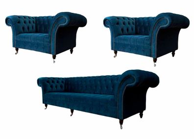 Blaue Chesterfield Sofagarnitur Couch Polster Set Sitzgarnitur 3 + 1 + 1