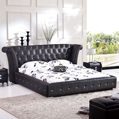 Chesterfield Big Bett XXL Kopfteil Betten Polster Hotel Samt Schwarz Stoff Ohren