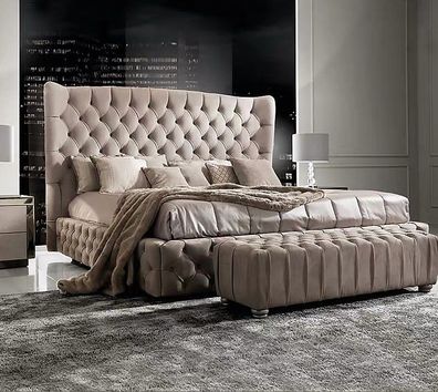 Echtes Chesterfield Bett Doppel Hotel Betten Textil Polster 160x200cm Stoff Neu