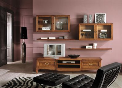 Wohnzimmer Set Vitrine TV Kommode Couchtisch Kommoden Schrank Holz Neu 7 tlg