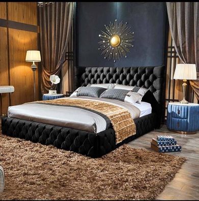 Chesterfield Bett Schlafzimmer Betten Textil 180x200cm Samt Big Hotel Schwarz