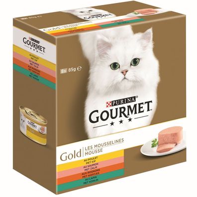 Gold Mousse mit Huhn, mit Lachs, mit Niere, mit Kaninchen 8x85g Katzenfutter Gour