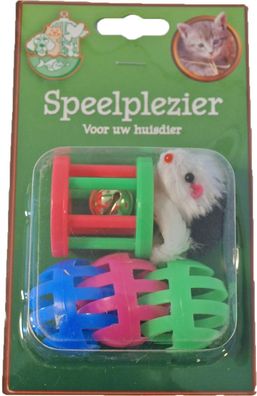 Katzenspielzeug Blisterpackung 1 Klöppel 3 Bälle und 1 Fellmaus Playjoy cat Gebr