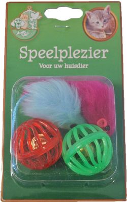 Katzenspielzeug Blisterpackung 2 Plastikbälle und 2 Fellmäuse 5 cm Play Fun cat G