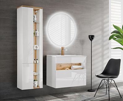 Design Badezimmer Möbel Bad 3 tlg. Set Garnitur Schrank Waschbecken Beleuchtung