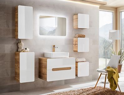 Design Badezimmer Möbel Bad 7 tlg. Set Garnitur Schrank Waschbecken Beleuchtung