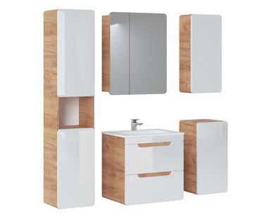 Design Badezimmer Möbel Bad 5tlg. Set Garnitur Schrank Waschbecken Beleuchtung