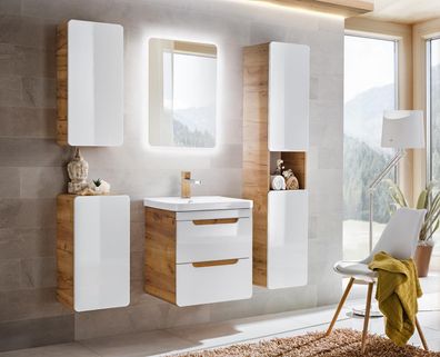 Design Bad Badezimmer Möbel 5tlg. Set Garnitur Schrank Waschbecken Beleuchtung