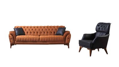 Orange-Schwarz Chesterfield Garnitur Luxuriöser Dreisitzer Sessel 2tlg