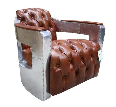 Chesterfield Sessel Knopf Geschlossen Sitzen Shabby Vintage Tan Echtes Leder Neu