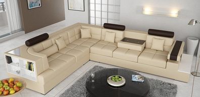 Wohnlandschaft Ecksofa Ledersofa mit USB Eck Couch Sofa mit Regal Polster Neu