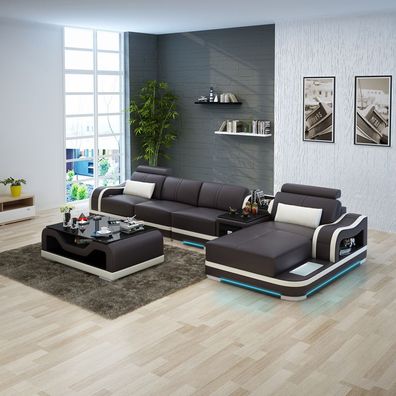 Ledersofa Couch Wohnlandschaft Ecksofa Eck Garnitur Design Modern Sofa mit USB
