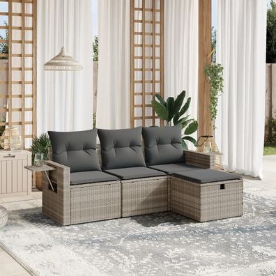 vidaXL 4-tlg. Garten-Sofagarnitur mit Kissen Hellgrau Poly Rattan