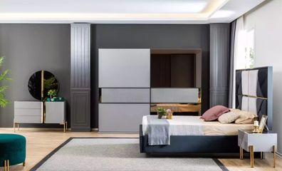 Blau Grau Schlafzimmer Set Bett Kommode Spiegel Kleiderschrank Luxus 6Tlg