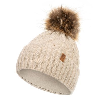 Damen Wintermütze gefüttert Mütze Fleecefutter Kunstfell Bommel Warme Beanie Winter