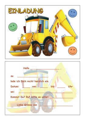 8 Einladungskarten Kinder Geburtstag Einladungen Bagger Baustelle baggern bauen Bau