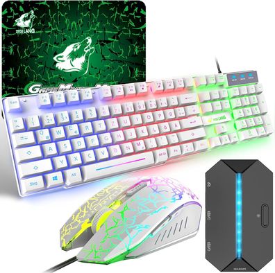 Gaming-Tastatur-Set mit Adapter, QWERTZ, deutsches Layout, farbige Hintergrundbeleuch