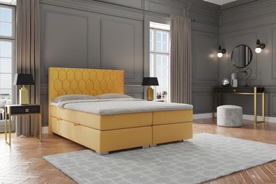 Boxspring Bett Hotel Doppel Luxus Betten Polster Funktion Bettkasten Gelb Samt