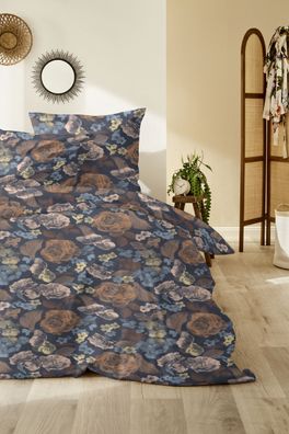 Primera Edelflanell Bettwäsche 135x200 Blumen Rosen dunkelblau rost 174141-37